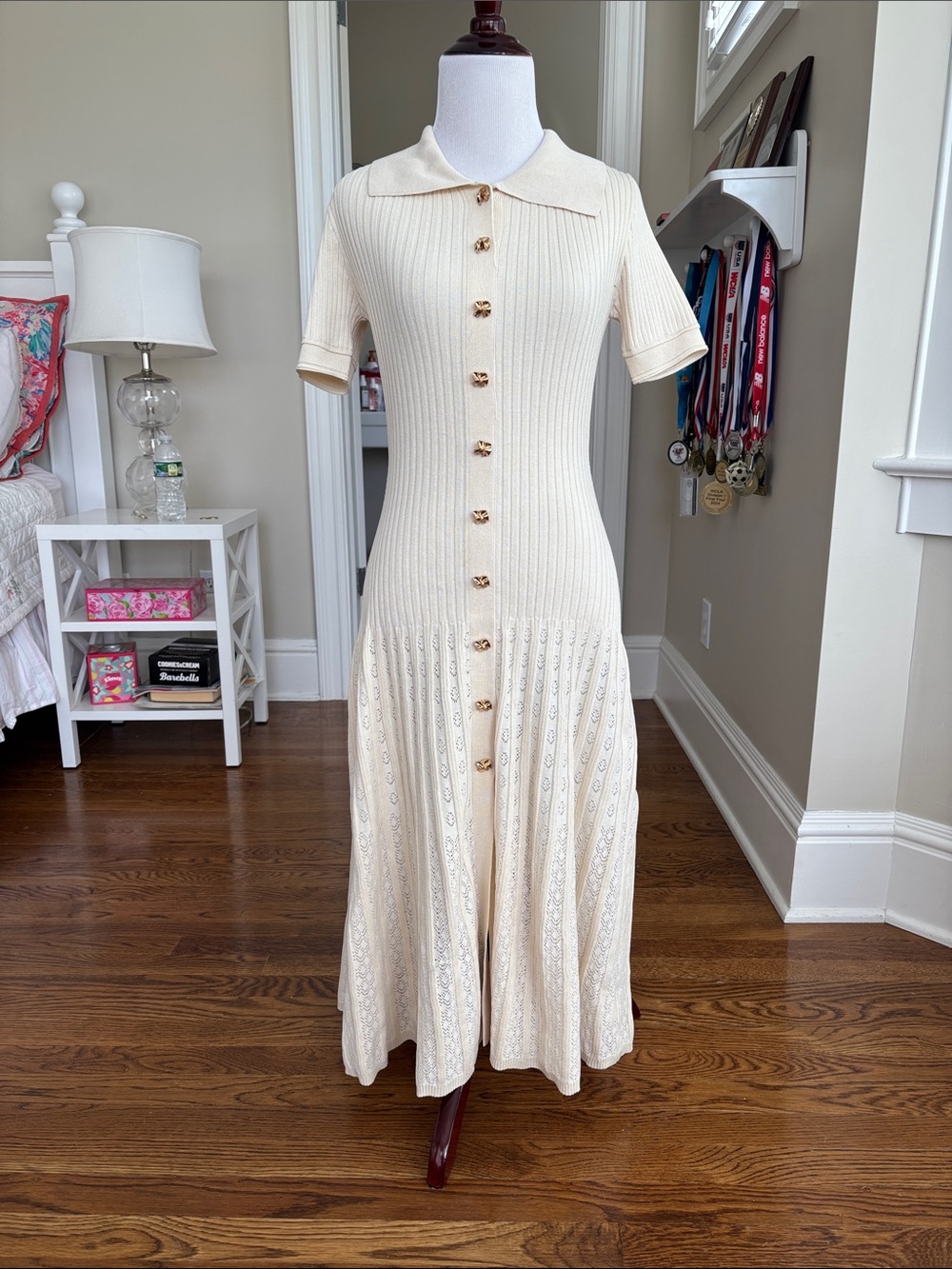 Commense Cream Ribbed Knit Midi Dress with Button Front